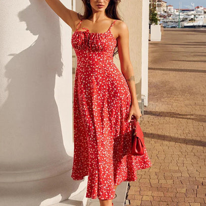 Red Floral Print Charming Strap Split Midi Dress