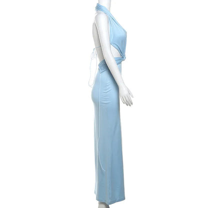 Blue Deep Slit Charming Neck Pleated Maxi Dress