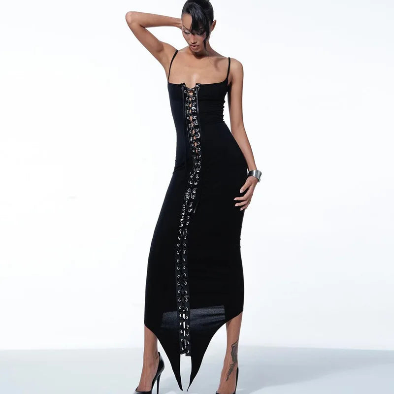 Black Lace Up Charming Strap Midi Dress