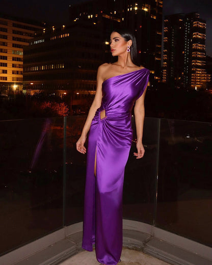 Purple One Shoulder Satin Graceful Hollow Cut Maxi Dress