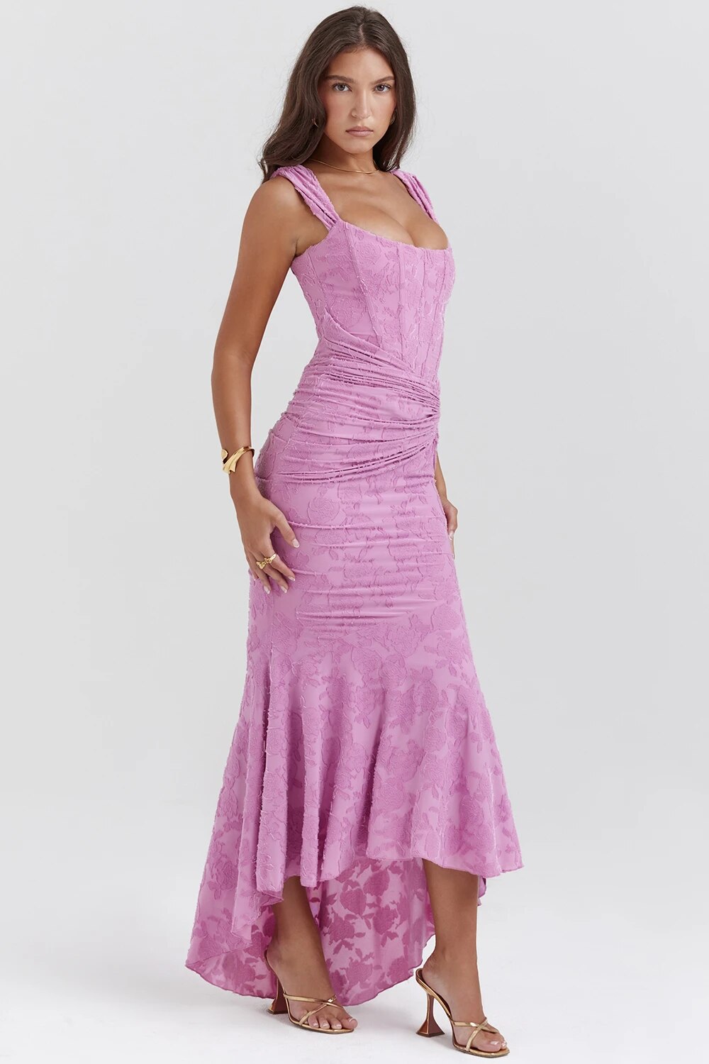 Purple Lace Floral Charming Frill Corset Maxi Dress