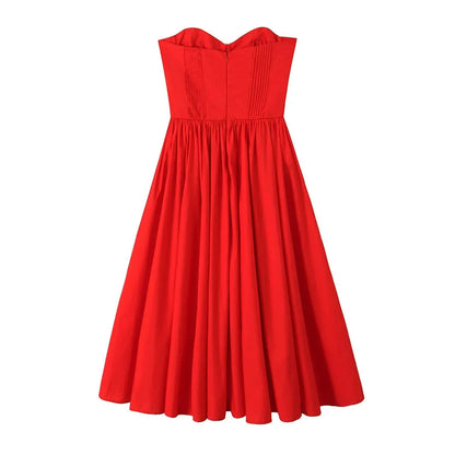 Red Bustier Pleated Charming Flare Midi Dress