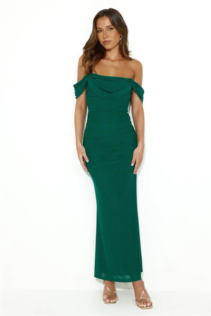 Mesh Ruched Off-Shoulder Charming Bodycon Maxi Dress