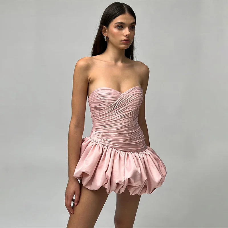 Satin Ruched Stylish Puff Mini Dress