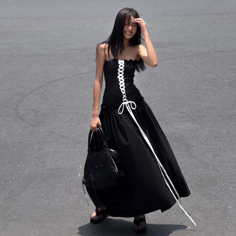 Black Tube Ruched Charming Lace Up Maxi Dress