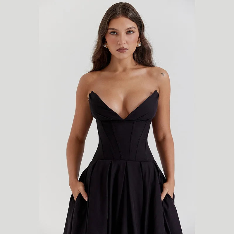 Black Deep Neck Charming Strapless Frill Midi Dress