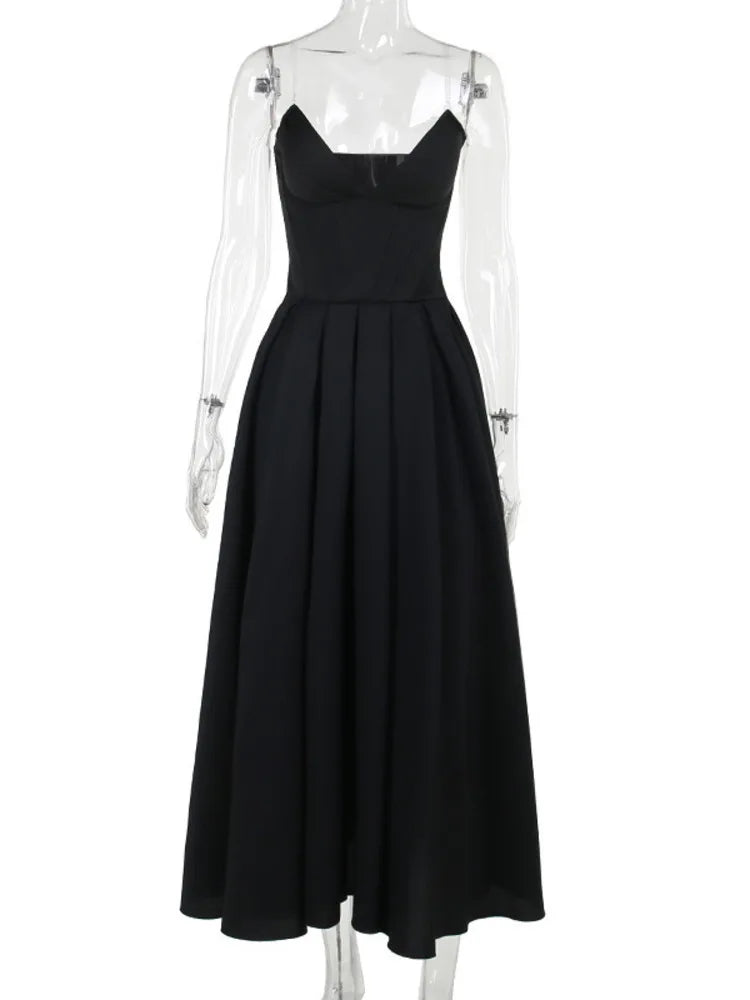 Black Deep Neck Charming Strapless Frill Midi Dress