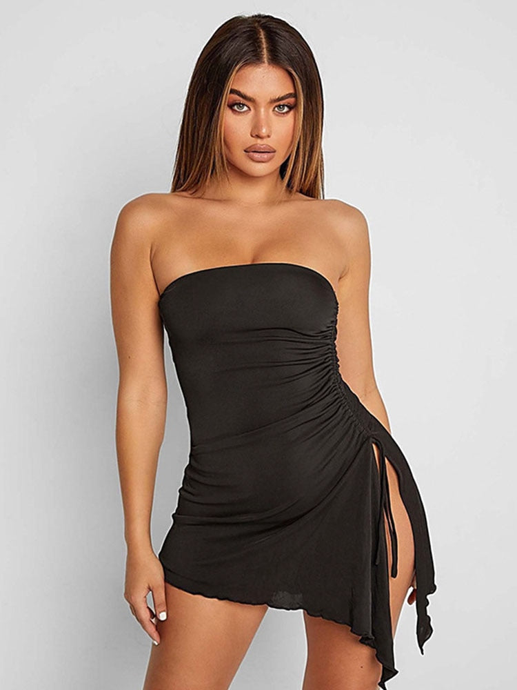 Black Side Split Charming Tube Mini Dress