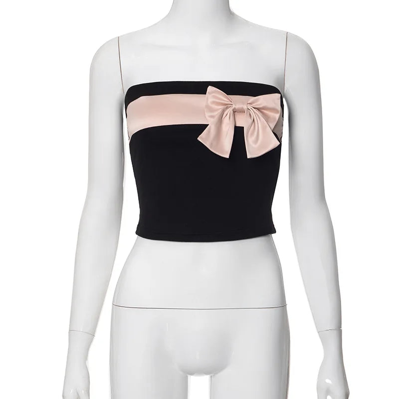 Black Tube Pink Charming Bow Crop Top