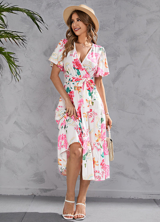 Women's Summer Floral V-Neck Short Sleeve Dress with Belt - Chiffon Mid-Length Boho Beach Sundress