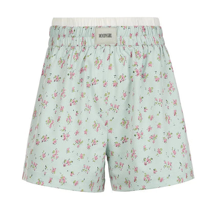 Blue Floral Print Charming Elastic Waist Boxer Shorts