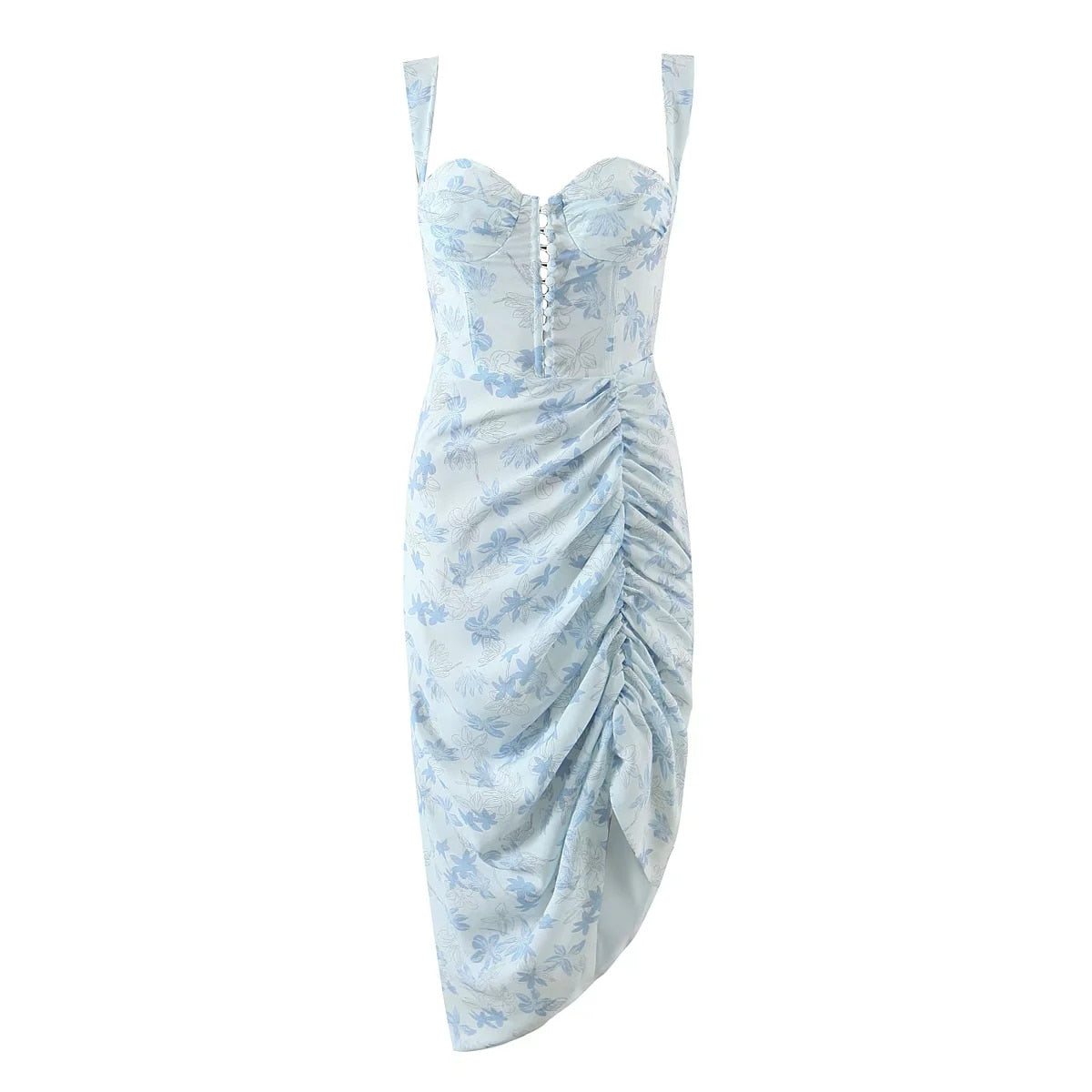 Blue Floral Mini Charming Ruched Slit Bustier Dress