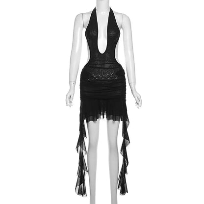 Black Deep Neck Charming Mesh Fringe Mini Dress