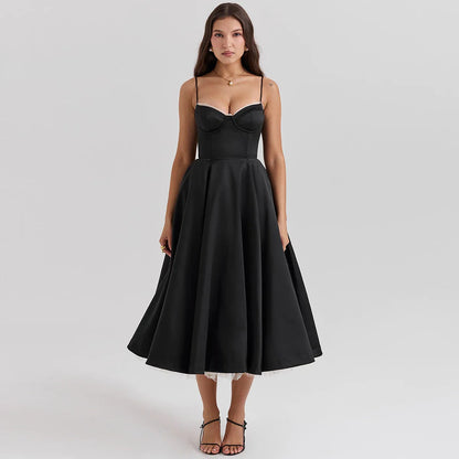 Satin Tulle Flare Charming Strap Cupped Midi Dress