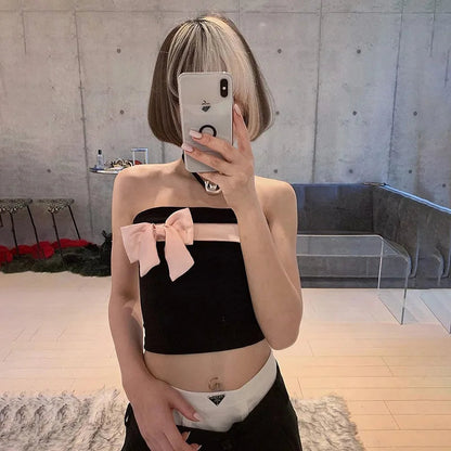 Black Tube Pink Charming Bow Crop Top