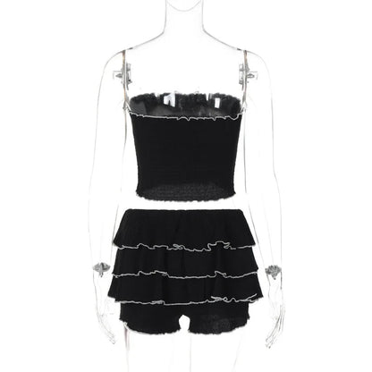 Black Bow Crop Top Graceful Ruffled Mini Skirt Set