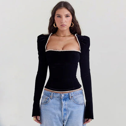 Black Long Sleeve Square Graceful Neck Corset Tie Up Top