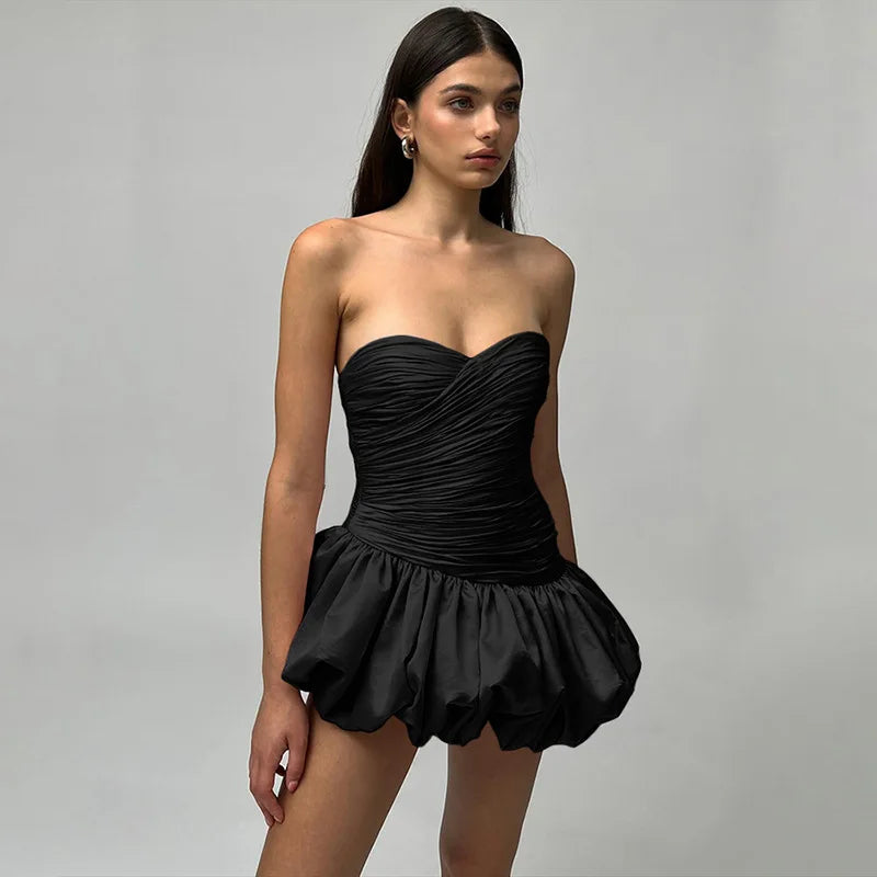 Satin Ruched Stylish Puff Mini Dress