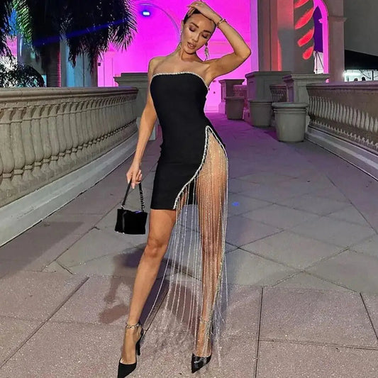 Shining Chain Slit Strapless Black Party Dress