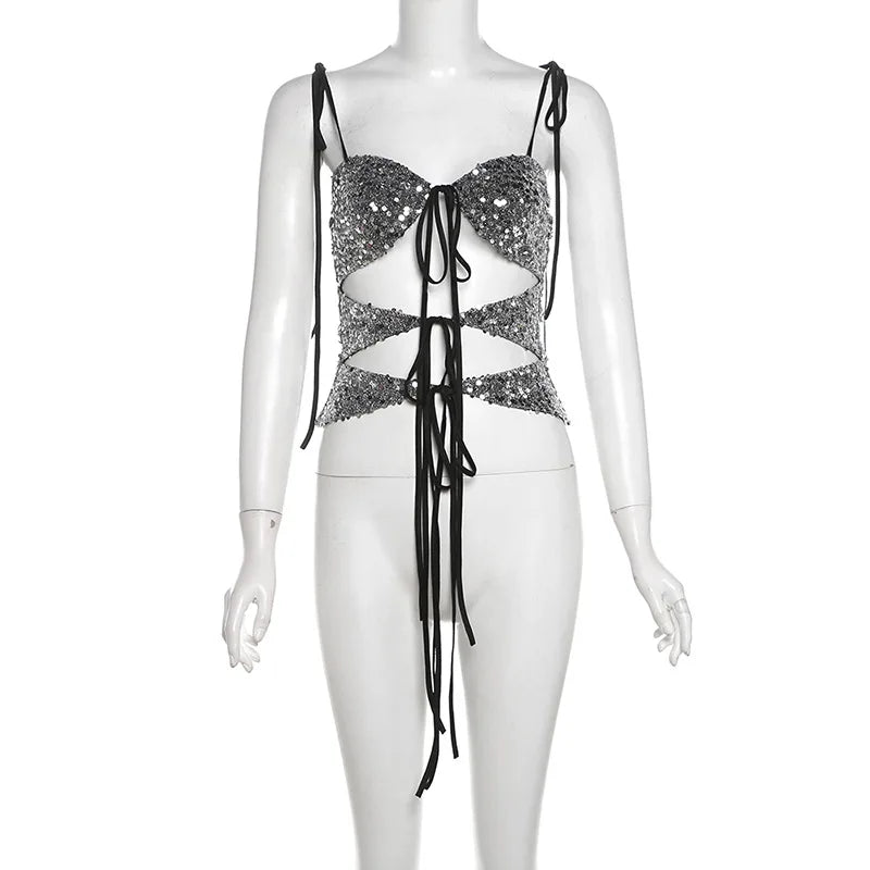 Sequin Silver Cut Out Graceful Tie Up Strappy Top