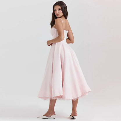 Satin Tulle Flare Charming Strap Cupped Midi Dress