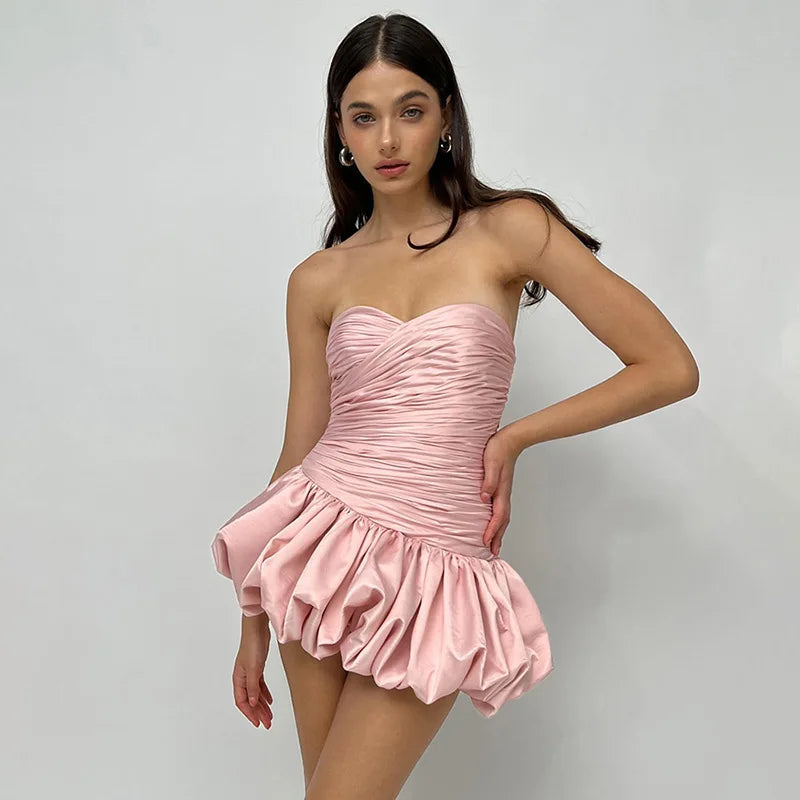 Satin Ruched Stylish Puff Mini Dress