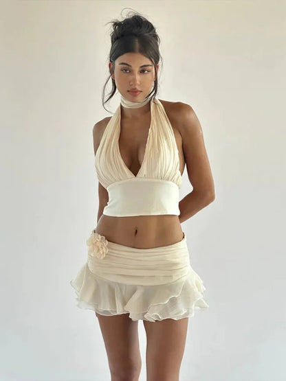 Ruched V-neck Bralette And Graceful Frill Mini Skirt Set