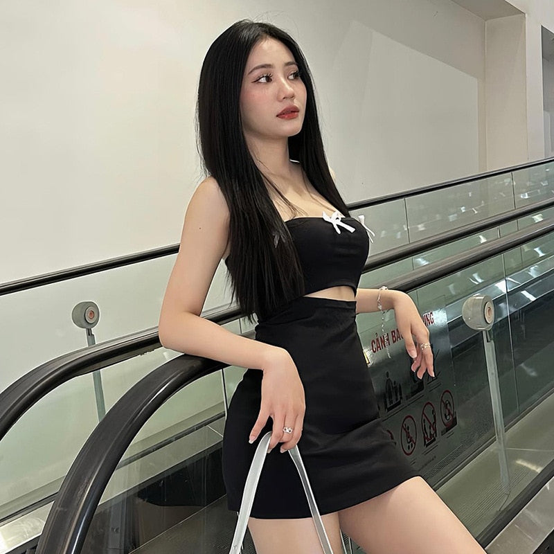 Black Tube Slit Charming Bow Mini Dress