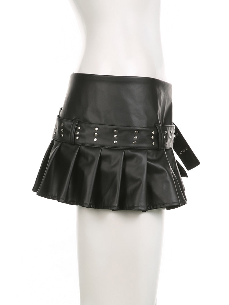 Black Pleated Belted Charming Slit Micro Mini Skirt