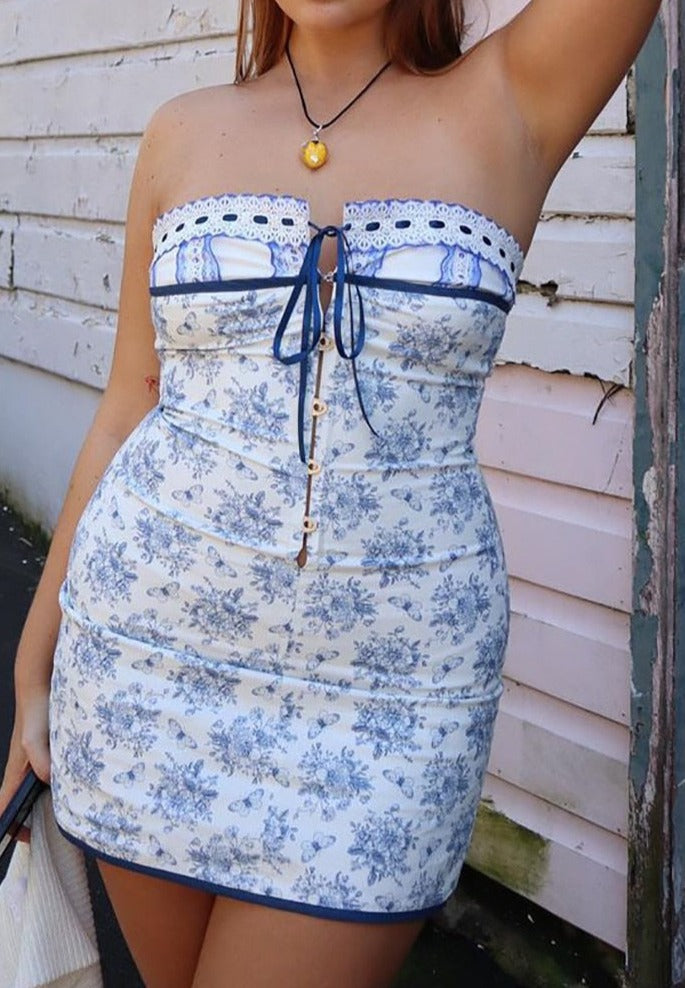 Blue Floral Lace Charming Tube Mini Dress