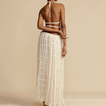 Ruched Halter White Top Graceful And Maxi Skirt Set