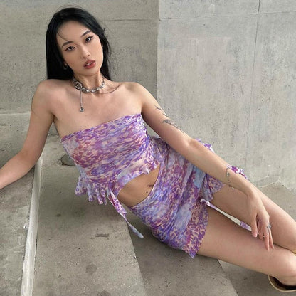 Purple Printed Frill Tube Top Trendy And Mini Skirt Two Piece Set