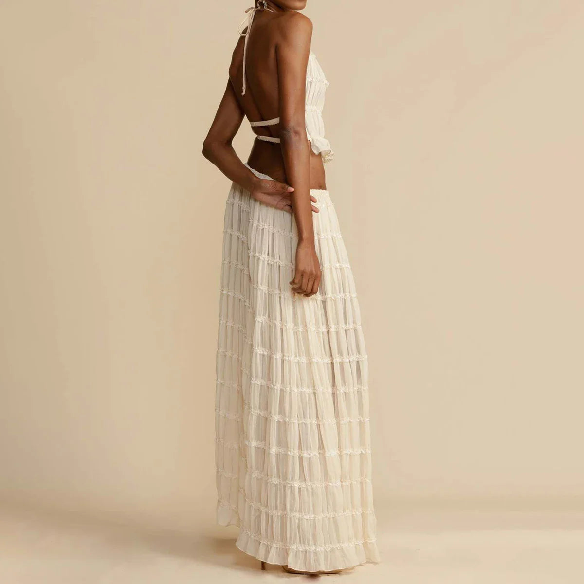 Ruched Halter White Top Graceful And Maxi Skirt Set