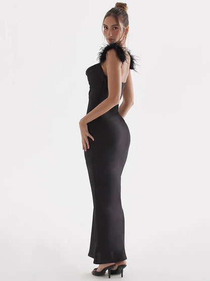 Black Satin Feather Charming Strap Maxi Dress