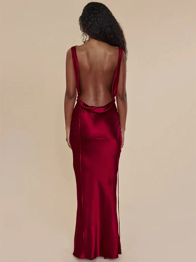 Satin Backless Tie Charming Up Maxi Dress