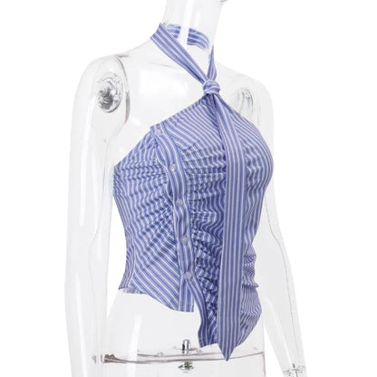 Blue Striped Halter Charming Tie Detail Top