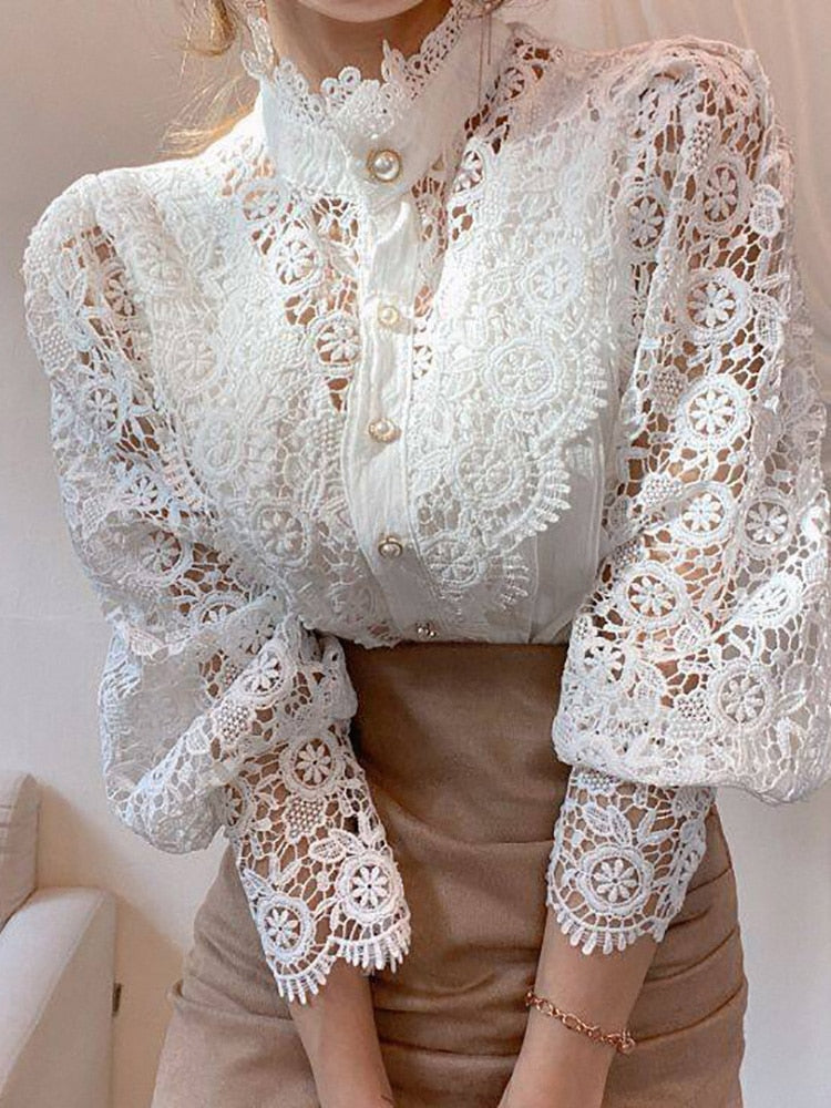 Up Pink Arm Lace Vintage Spliced Button Blouse Women's Long Casual Top