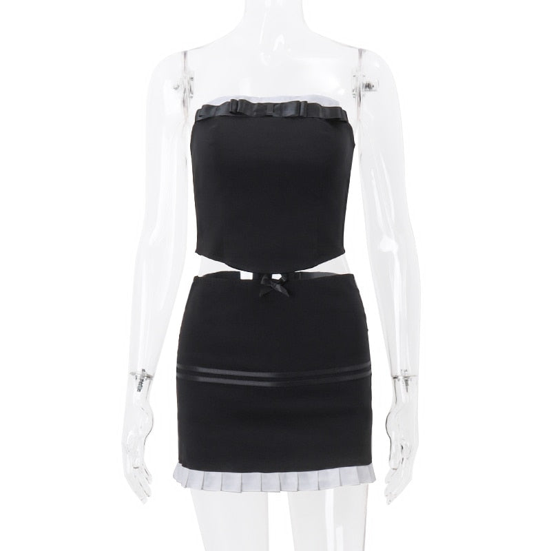 Black Frill Trim Tube Graceful Top And Mini Skirt Set