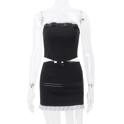 Black Frill Trim Tube Graceful Top And Mini Skirt Set