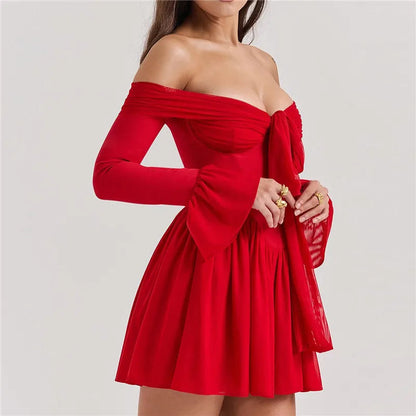 Red Off-Shoulder Stylish Frill Mini Dress