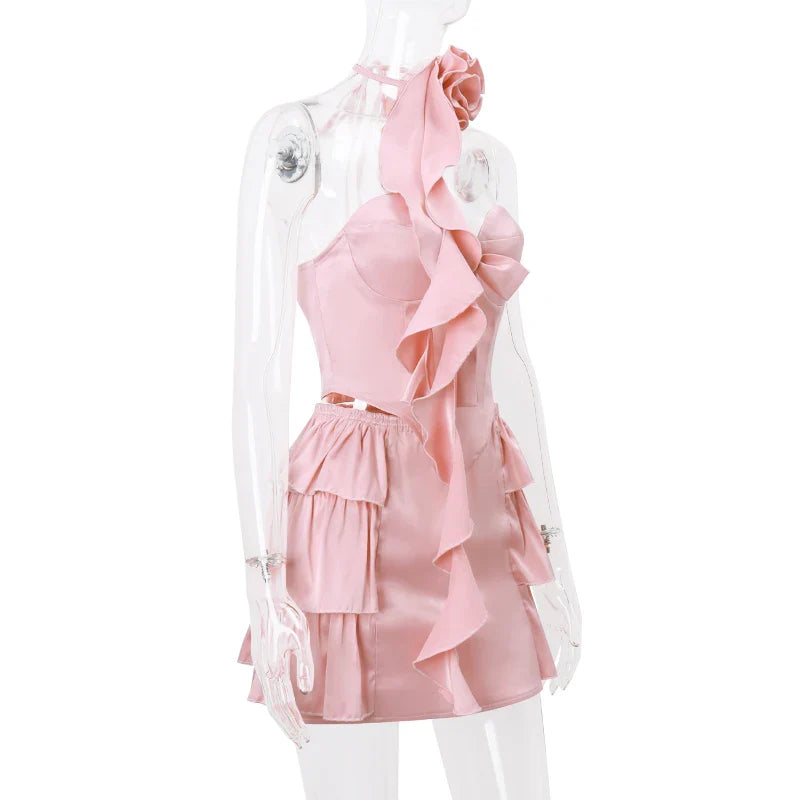 Satin Pink Corset Top Graceful And Ruffles Mini Skirt Set