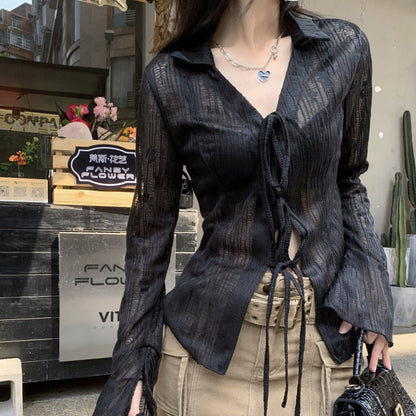 Lace Shirts Long Arm Slim Harajuku Transparent Blouse Korean Women Black Goth Fashion Aesthetic