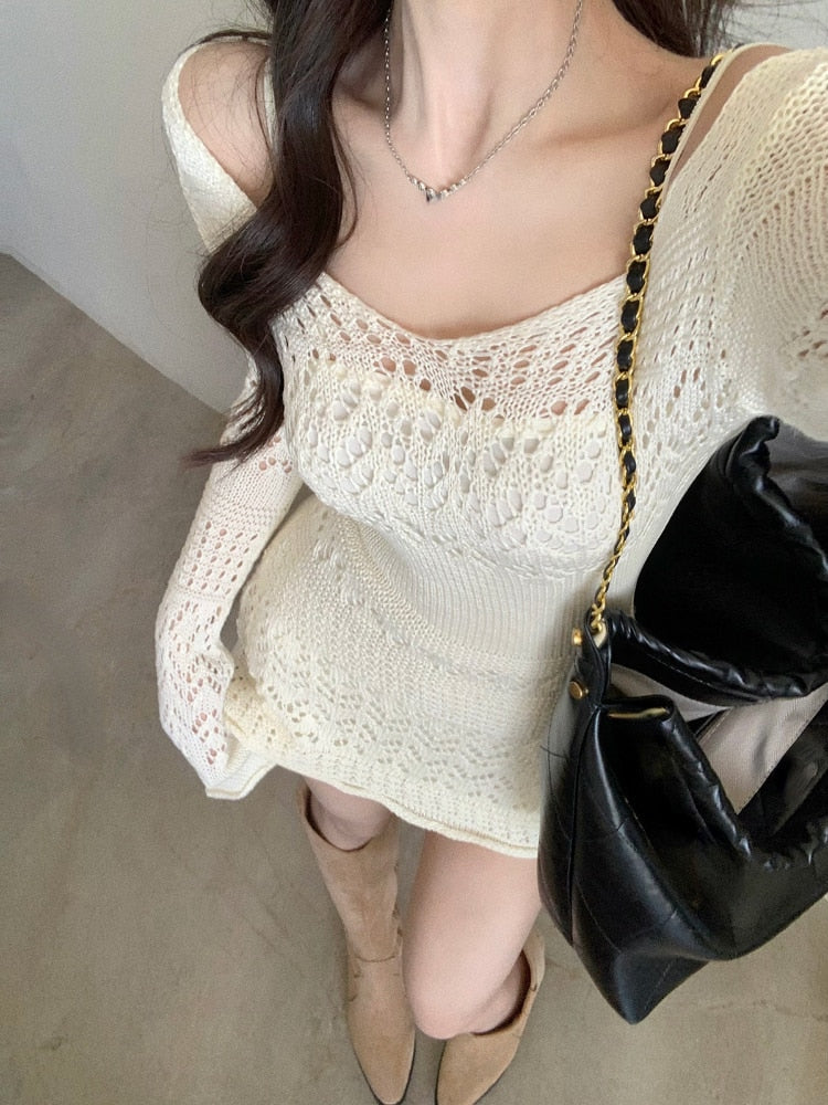 Y2k Sexy Gown Korea Mini Slim Brief Fashion Elegant Long Arm Gown Lace Party Knitted Women Gown Vintage