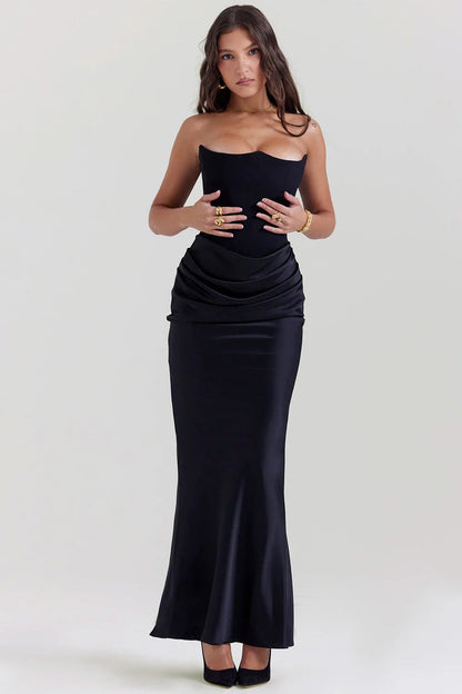 Black Corset Tube Charming Satin Maxi Dress