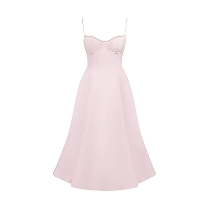 Satin Tulle Flare Charming Strap Cupped Midi Dress