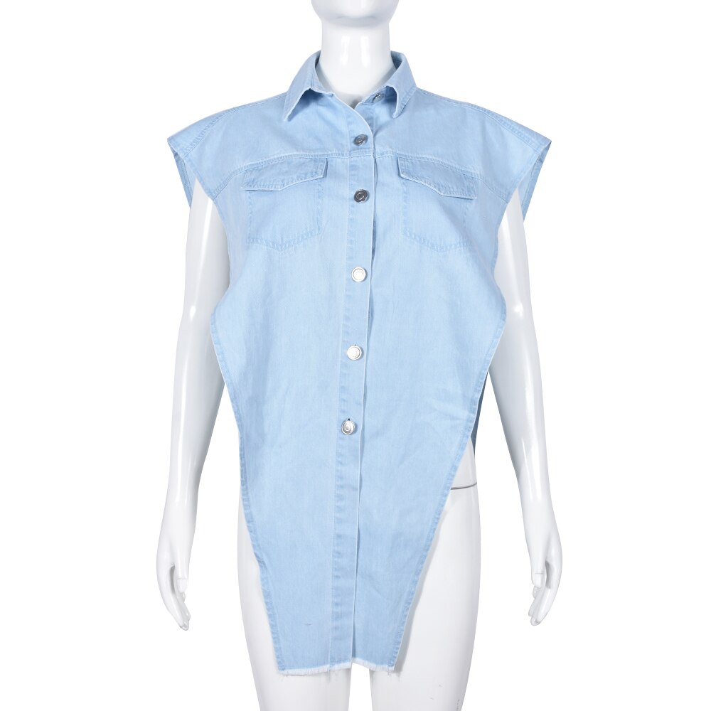 and Irregular with Out Denim Vest Hollow Shoulder Length Detail Hem