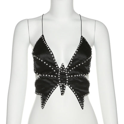 Black Stud Stylish Butterfly Crop Top