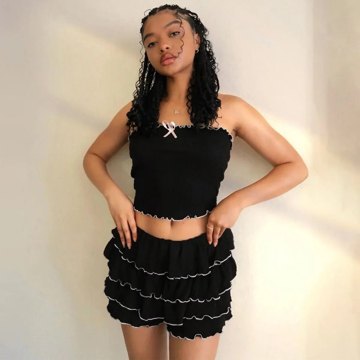 Black Bow Crop Top Graceful Ruffled Mini Skirt Set