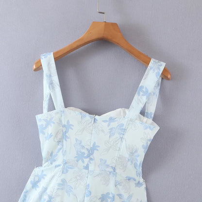 Blue Floral Mini Charming Ruched Slit Bustier Dress