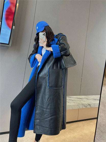 Blue Fur Double-Sided Charming Leather Long Jacket